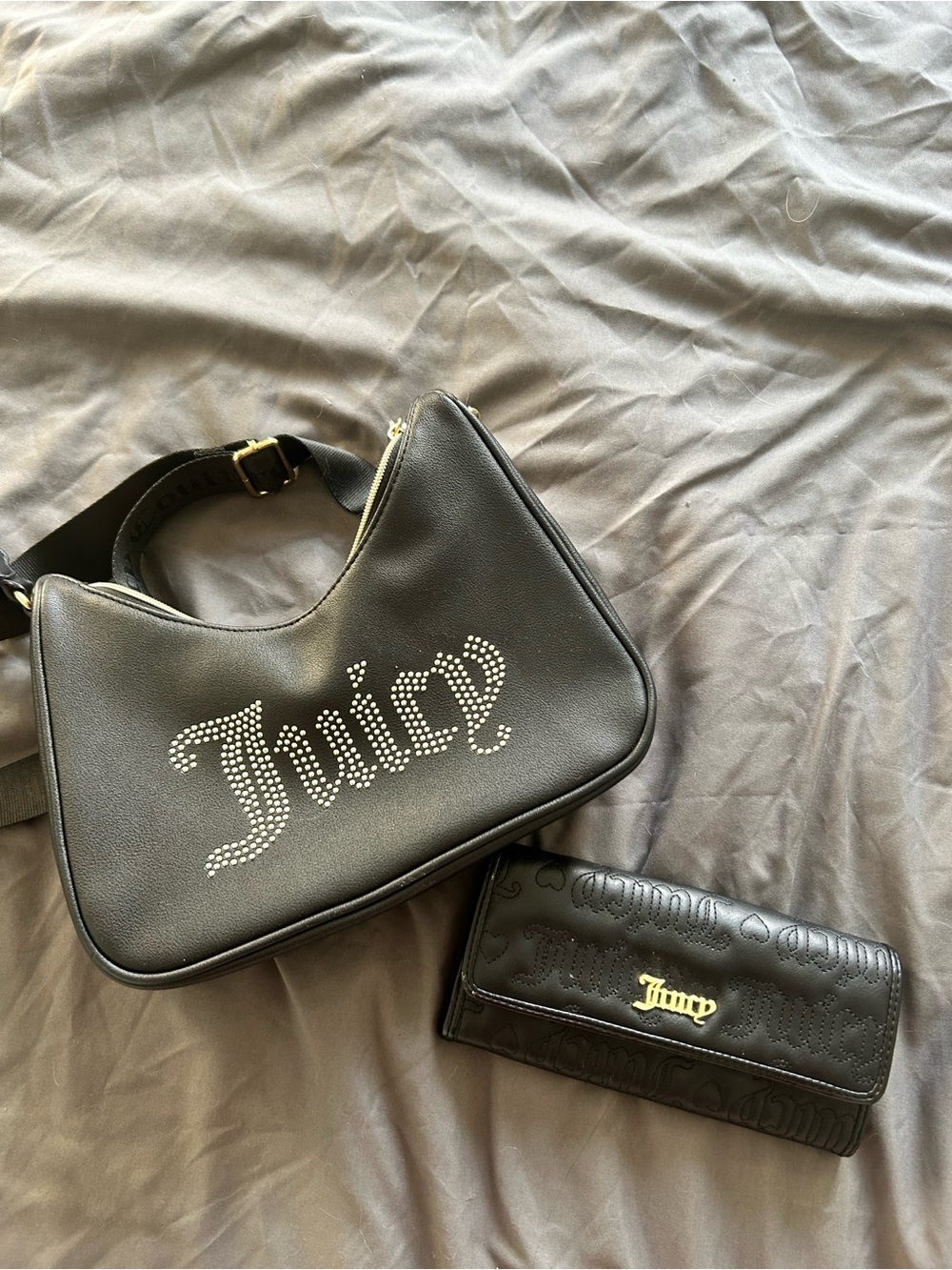 Juicy Couture Black Crystal Logo Shoulder Bag with Matching Wallet